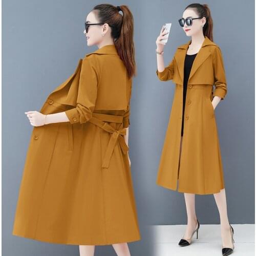 Chic Trench Coat Women Mid-Length Windbreaker 2021 New Large Size Over-The-Knee Spring Autumn Outwears Black Khaki Female Coats