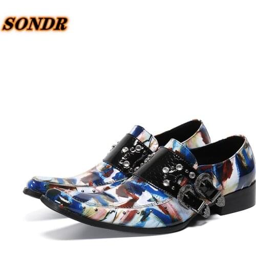 Fashion Handmade Men Party Shoes Colorful Print Genuine Leather Formal Shoes Men Rivets Monk Strap Dress Shoes Buckle Oxfords