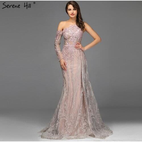 Pink Beading Diamonds Sexy Evening Dresses Real Photo One-Shoulder Mermaid Evening Gowns 2019 Serene Hill DLA60999