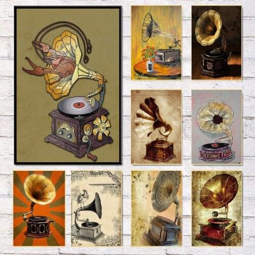 Vintage Antique Gramophone Retro Crafts Metal Canvas Painting Posters and Prints Wall Art Picture Bar Coffee Bedhome Decoration