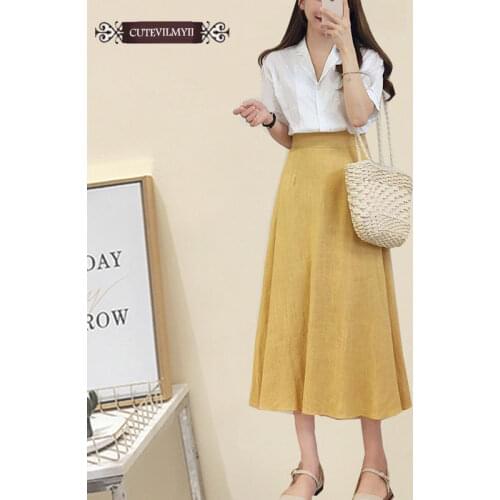 2020 Women Skirts Korean Japanese Design Women Preppy Style Bow Tie Zipper Back Yellow Cotton Blend High Waist Skirt Cute E7920