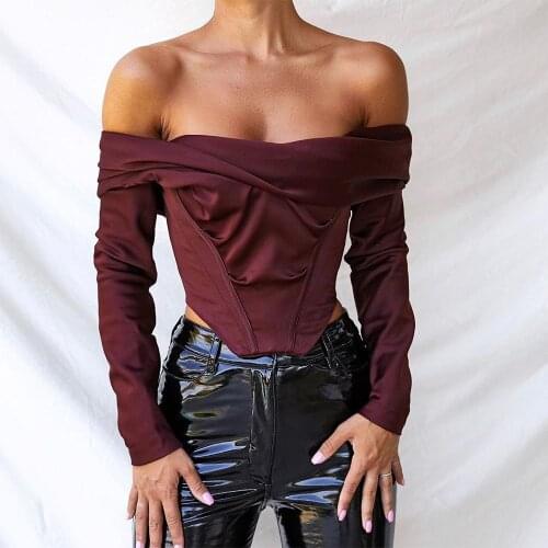 Women Off Shoulder Satin Corset Tops Long Sleeve Slash Neck Blouses Wine Red Elegant Shirts Sexy Backless Top Cropped Shirts