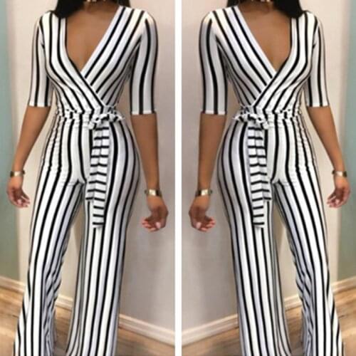 Elegant Striped Sexy Rompers Womens Deep V Neck Jumpsuit Half Sleeve Bow Casual Slim Jumpsuits Overalls