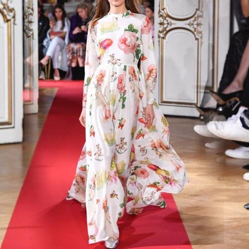 2021 Summer Fashion Runway Chiffon Long Dresses Womens Long Sleeve Elegant Floral Print Party Holidays Dress Vestido De Mujer