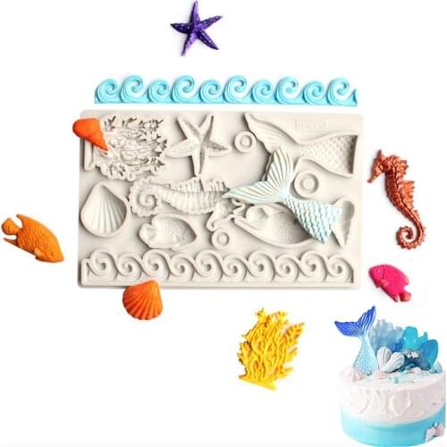 1PC Mermaid Tail Silicone Mold Conch Coral Starfish Texture Chocolate Fondant Mold Wedding Party Cake Decoration Tools