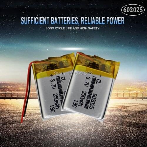 2pc 250mAh 3.7V 602025 Lithium Polymer Rechargeable Battery For Mp3 MP4 MP5 GPS PSP DVR mobile bluetooth Li-Po cells