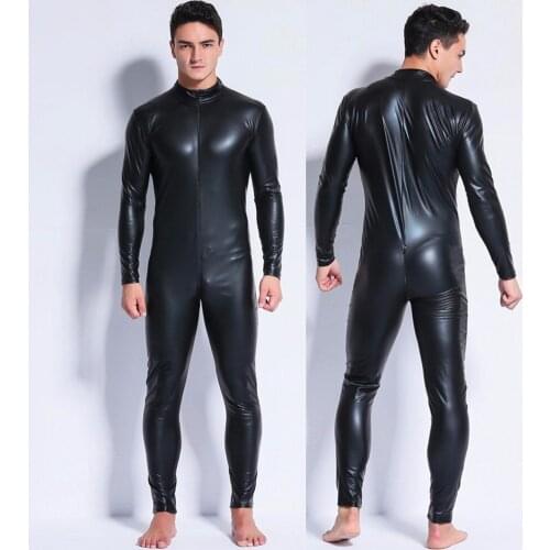 M-3XL Men Wetlook Faux Leather Double Zipper Open Crotch Pvc Bodysuit Gay Hot Lingerie Latex Catsuit Fetish Wear Sexy Costume