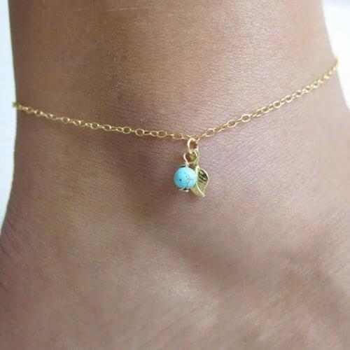 Simple Stlye Leaf Bead Pendant Gold color Metal Plated Chain for Women foot Anklet Small Gift