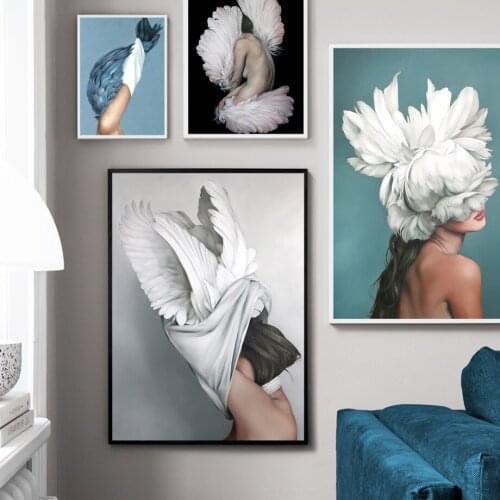 Flowers Feathers Woman Abstract Canvas Painting Wall Art Print Poster Picture Decorative Painting Living Room Home Decoration