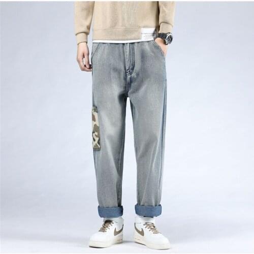 Jeans Men Loose Straight Leg Pants Mid Waist Teenager Casual Elastic Pants Mouth Kpop Clothes Hip Hop Wide Leg Long Retro