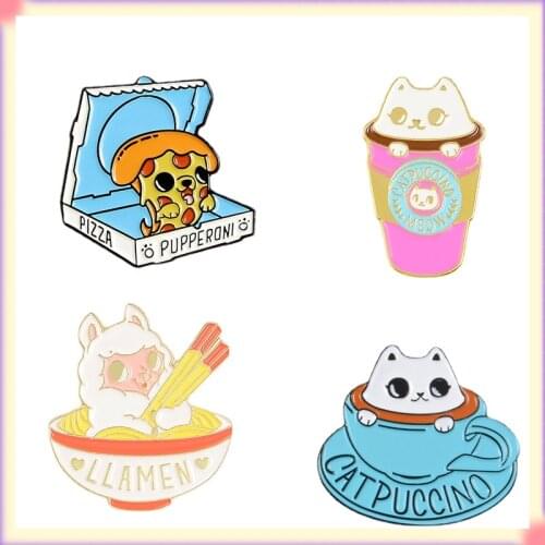 Animal Food Enamel Pins Coffee Cup Cat Alpaca Ramen Pizza Puppy Brooches For Women Men Cartoon Badge Lapel Pin Gifts Wholesale