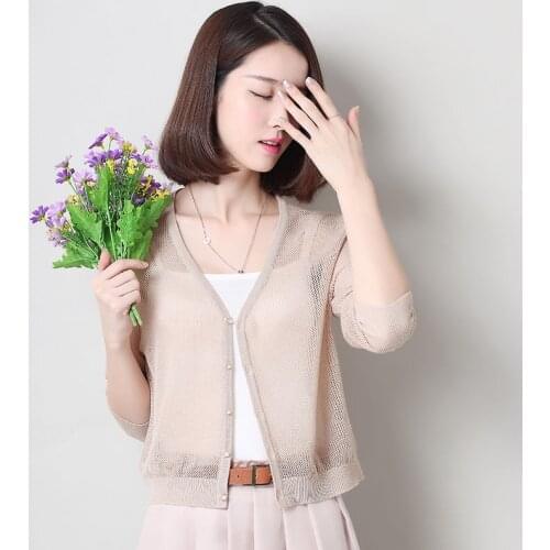 Womens Summer New Cropped Cardigan Shawl Tops Female Solid V Neck Single Breasted Sunscreen Outwear Woman Knitted Cardigan L173