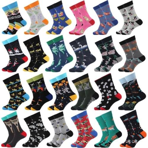 Colorful Mens Long Socks Harajuku Hiphop Happy Funny Cool Cartoon Dog Popsoket Eagle Cat Swan Astronaut Space Dino for Men Gift
