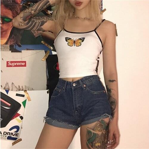Summer Women Butterfly Print White Tank Tops Sexy Short Crop Tops Ladies Sleeveless Wear Strappy Tank Top Vest Fashion