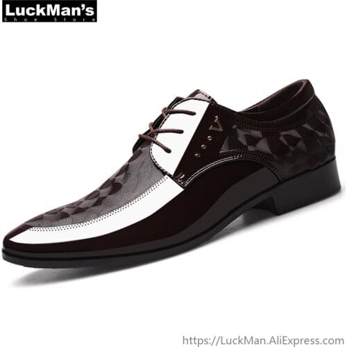 LuckMan Italian Oxford Shoes for Men Designer Mens Patent Leather Black Shoes Mens Pointed Toe Dress Shoes 2019 Classic Derbies