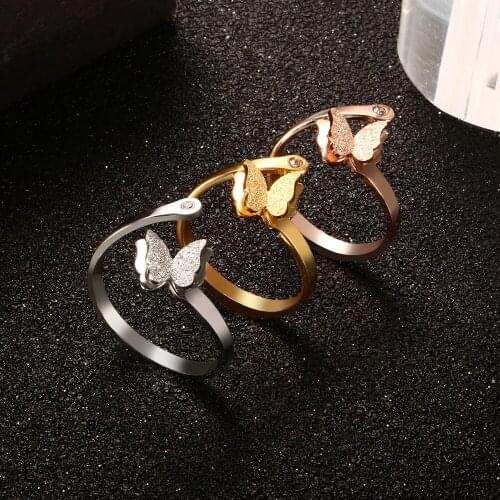 Fashion Butterfly Design Rhinestone Ring Stainless Steel Gold Color Adjustable Finger Ring For Women Girl luxury Wedding Jewelry