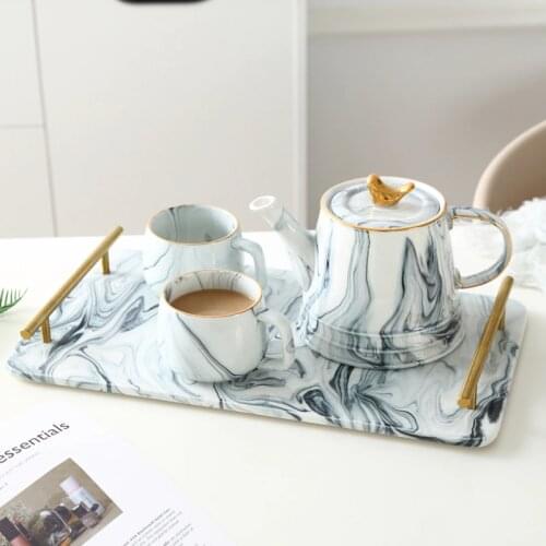 Ceramic Cutlery Set Teapot Tea Mug And Saucer Vajilla Tea Cup Marbling Cup Double Gold Handle Food Serving Tray Dinner Tea Cup