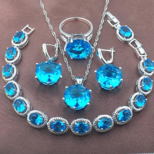 Sky Blue Zircon Jewelry Sets Wedding Jewellery Bracelet Silver Color Earring And Necklaces Ring Set YZ0564
