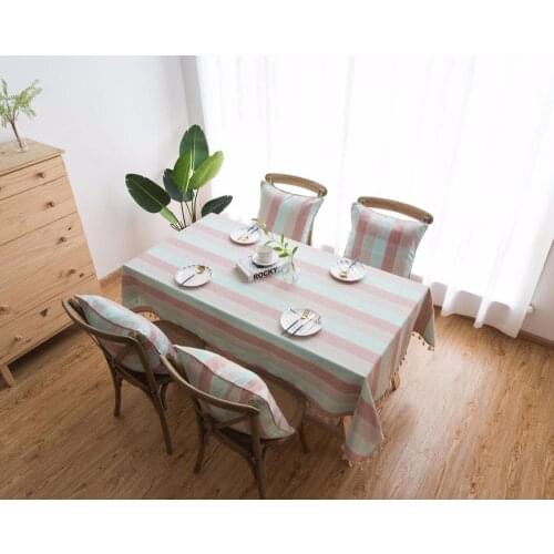 Hot sale stripe Designs Solid Decorative Linen Tablecloth With Tassels Rectangular Wedding Dining Table Cover Tea Table Cloth
