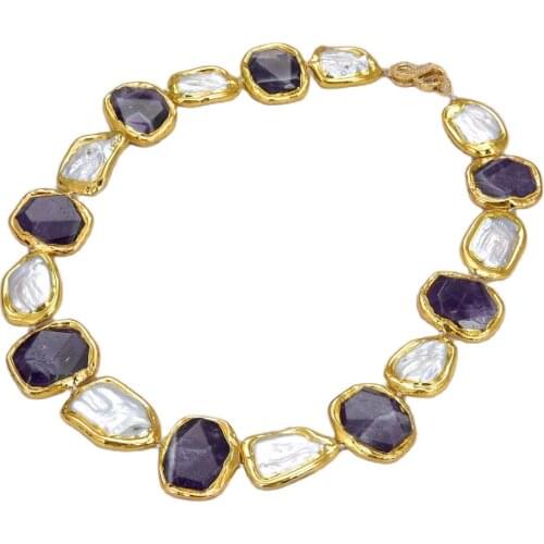 GG Jewelry Natural Cultured Rectangle White Keshi Pearl Amethysts With Gold color Plated choker Necklace 19" classic