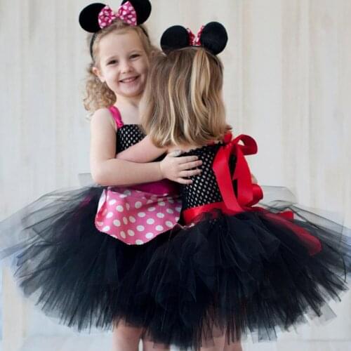 Baby Minnie Cartoon Tutu Dress Girls Black Crochet Dress with Dots Bib and Hairbow Children Mickey Cosplay Party Costume Dresses