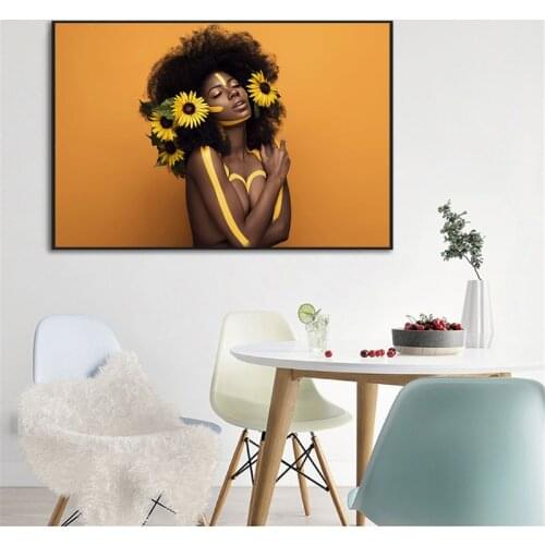 Sunflower Black African Nude Woman Oil Painting on Canvas Posters and Prints Scandinavian Wall Art Picture for living room