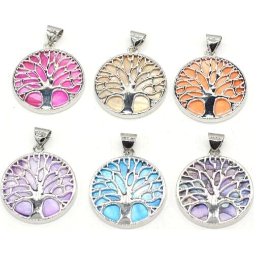 Natural Shell Pendant Exquisite Tree Pattern Round Shell Pendant for Women Jewelry Reiki Charms Best Gift Size 33x37mm