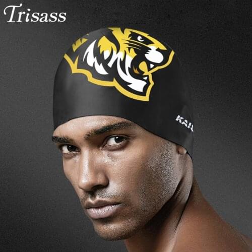 Trisass 2021 Profession Waterproof Man Swimming Cap Adult Print Tiger Swim Caps Protect Ears Plus Size Soft Women Bathing Cap