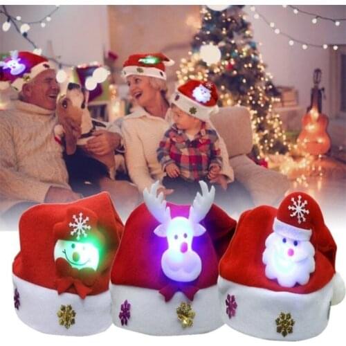 LED Light Up Christmas Hats For Adults And Kids LED Light Up Cap Santa Claus Snowman Elk Children Christmas Hat