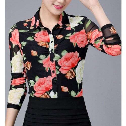 Spring Autumn Fashion Women Colored Floral Printed Pattern Slim Mesh Blouse , 3XL 4xl Fall Female Woman Painted Stretch Blouses