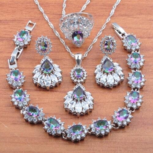 High Quality Jewelry Set For Women Rainbow Zirconia Silver Color Earrings And Necklace Set With Pendant Rings Bracelet JS0480