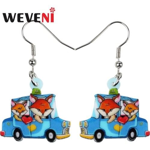 WEVENI Acrylic Sweet Blue Heart Wild Couple Fox Car Earrings Long Drop Dangle Fashion Charms Gifts Unique Jewelry For Women Girl