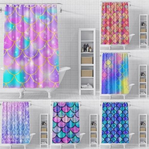 Watercolor Printed Bathroom Curtain Mermaid fish Scale Wave Shower Curtains For Bathroom Bright Colorful Shower Curtain Hooks
