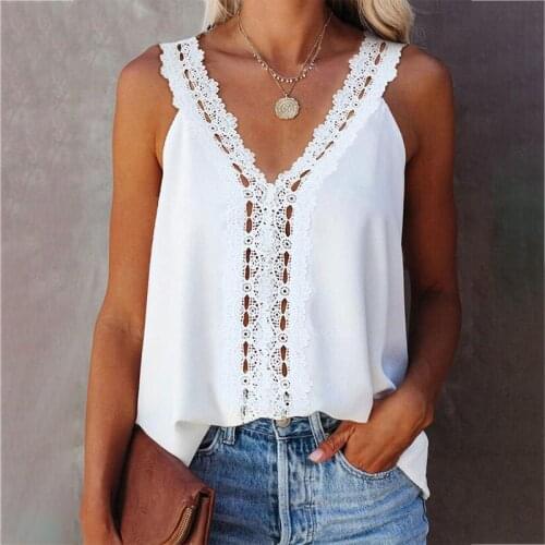 2021 Summer New Fashion Loose Solid Color Casual Sexy V Neck Sleeveless Ladies Tops Tanks Lace Basic T Shirt Womens Tops