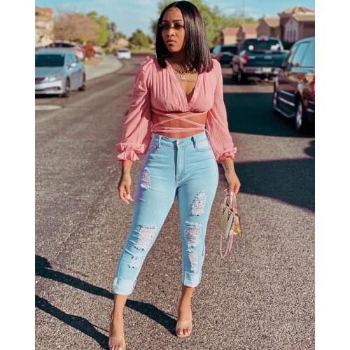 Pink Cross Lace Up Fashion Chiffon Cropped Top for Women Deep V Neck Long Puff Sleeve Slim T-Shirt Streetwear Girl Bandage Tee