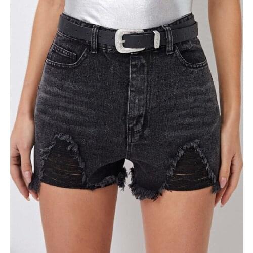 Female Denim Shorts Summer High Waist Casual Chic Sexy Slim Solid Color Retro Style Wild Irregular Split Ripped Shorts