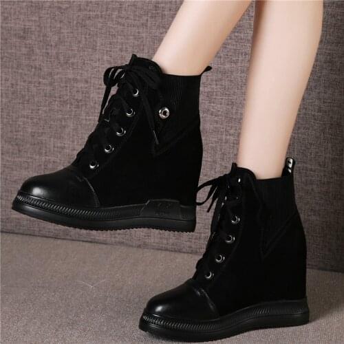 Winter Platform Oxfords Shoes Women Lace Up Cow Leather Wedges High Heel Ankle Boots Female High Top Round Toe Fashion Sneakers