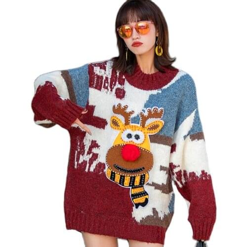 Ladies Christmas Sweater 2020 Winter Warm Thick Heavy Industry Crystal Cartoon Women Loose Knit Top Plus Size Pullover Clothing