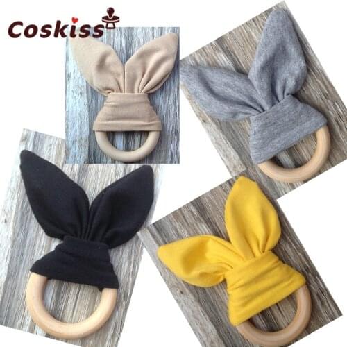 Bunny Ear Wood Ring 2pc Teether Bell 68mm Natural Wood Teether Circle Fabric Wooden Teething training Baby Teether