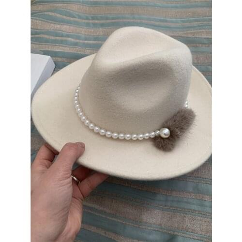 202101-shi Designer style milk white no washing mark 100% wool Mink fur pearl chain lady fedoras cap women leisure jazz hat