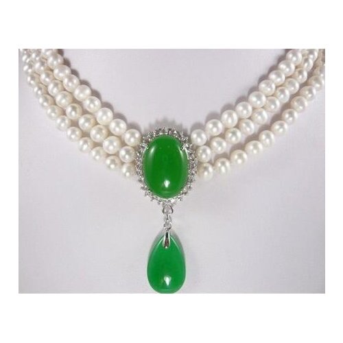 3 Rows white pearl 7-8mm green jade Pendant Necklace