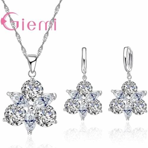 AAA+ Crystal Female Jewelry Earring Sets For Women Wedding Engagement Party True 925 Sterling Silver Pendant Necklace