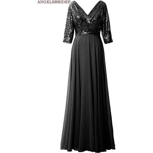 ANGELSBRDRIDEP Long Sleeves Mother Of Bride Dress Formal V-Neck Bling Bling Sequined Floor-Length Evening Party Gowns Plus Size