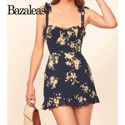 Bazaleas Elegant Floral Print Navy Chiffon Dresses Vintage Adjust Spaghetti Strap women dress Fashion Ruffles vestidos