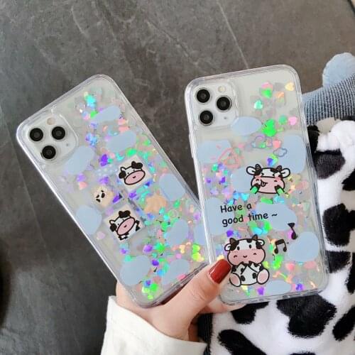 Milk Cow Moving Glitter Dynamic Liquid Quicksand Phone Cases For iPhone 6 6s 7 8Plus SE2020 X XR 12 Mini 11 Pro Max Clear Cover
