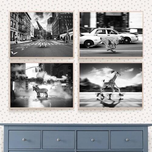 Animal Black White Art Prints Elephant Zebra Penguins Giraffe in the Crosswalk Canvas Poster Nordic Wall Pictures Bathroom Decor