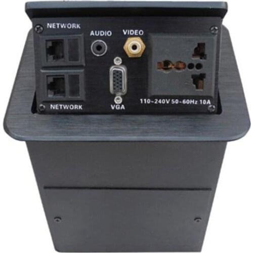 Hidden Multimedia Pop Up Desktop Extension Socket Universal Electrical Outlets+Audio+Video+VGA+RJ45 Black Color For Meeting room