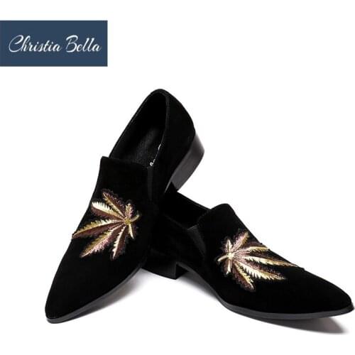 Christia Bella Fashion Men Loafers Gold Tiger Embroidery Handmade Men Velvet Shoes Party and Wedding Mens Flat Size 38-46