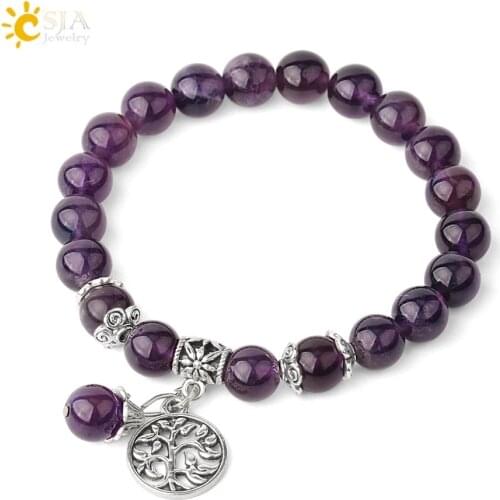 CSJA Natural Stone Strand Bracelets Hematite Crystal Beaded Tree of Life Protection Bracelet Healing Energy Female Jewelry G422