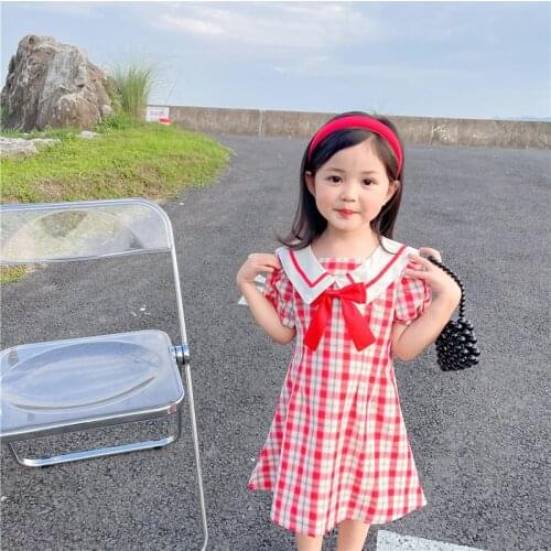 Girls Plaid Dress Bow Summer Kids Clothes New Childrens Korean Baby Princess Toddler Girl Dresses 1-6T School Uniform Style